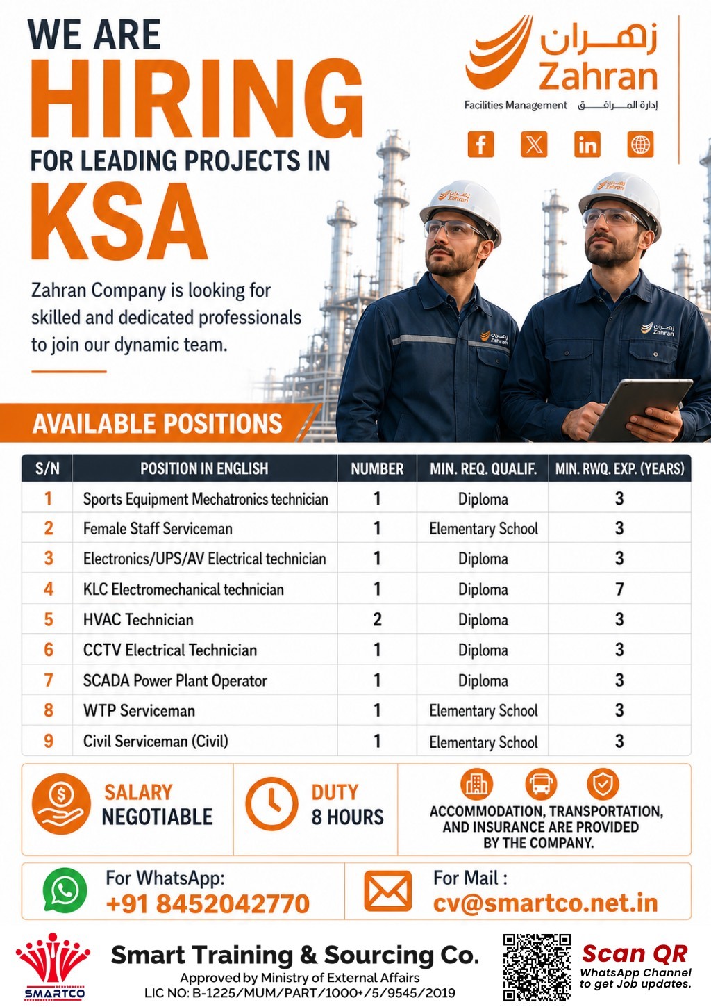 URGENT HIRING FOR LEADING PROJECTS IN KSA  Company: Zahran Facilities Management — Smart Training &amp; Sourcing Co, SAUDI ARABIA, SAUDI ARABIA