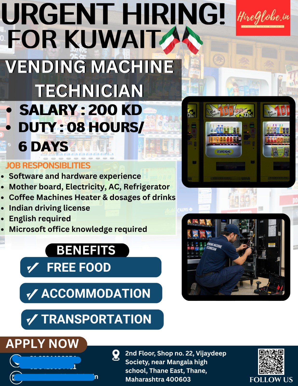 URGENTY OPENING VENDING MACHINE TECHNICIAN FOR KUWAIT