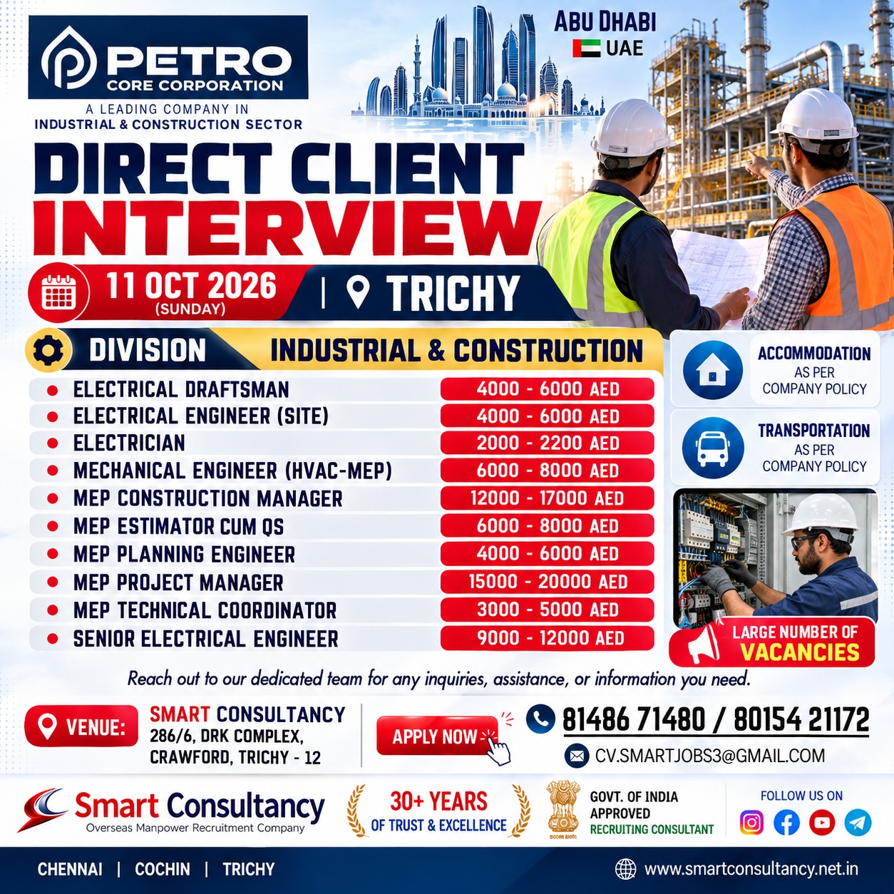 Dubai, UAE | Petro Core Corporation | Trichy Interview – 11 October 2026 - Electrician Opportunity — SMART CONSULTANCY, UAE