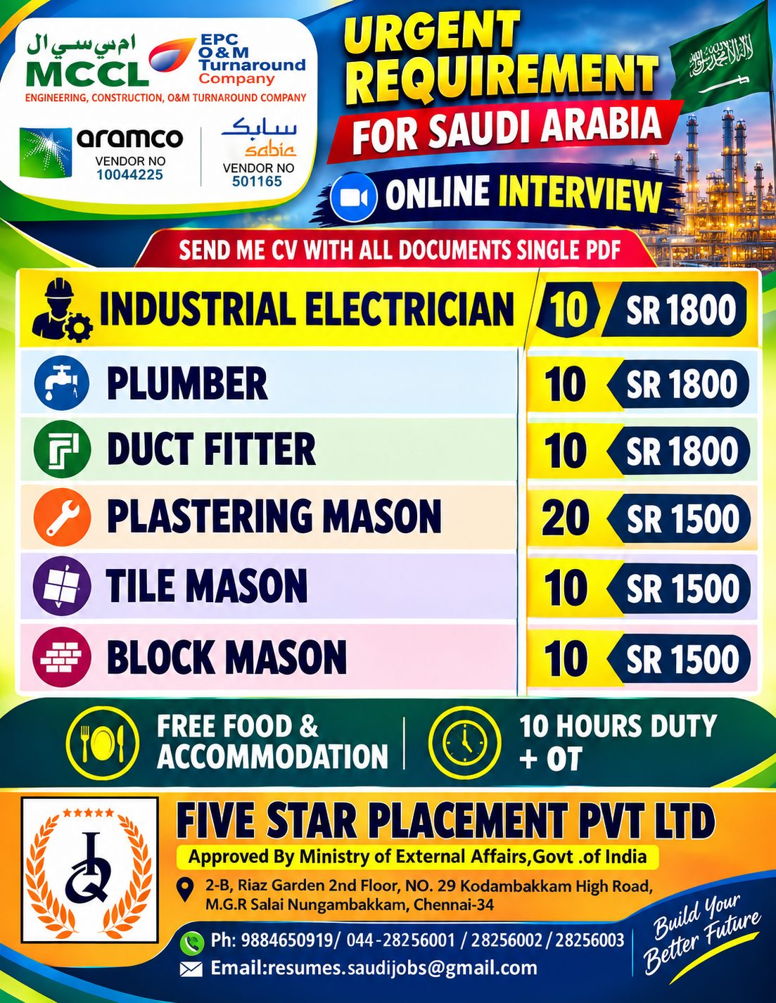 URGENT REQUIREMENT  FOR KSA — Five Star Placement Pvt Ltd, SAUDI ARABIA