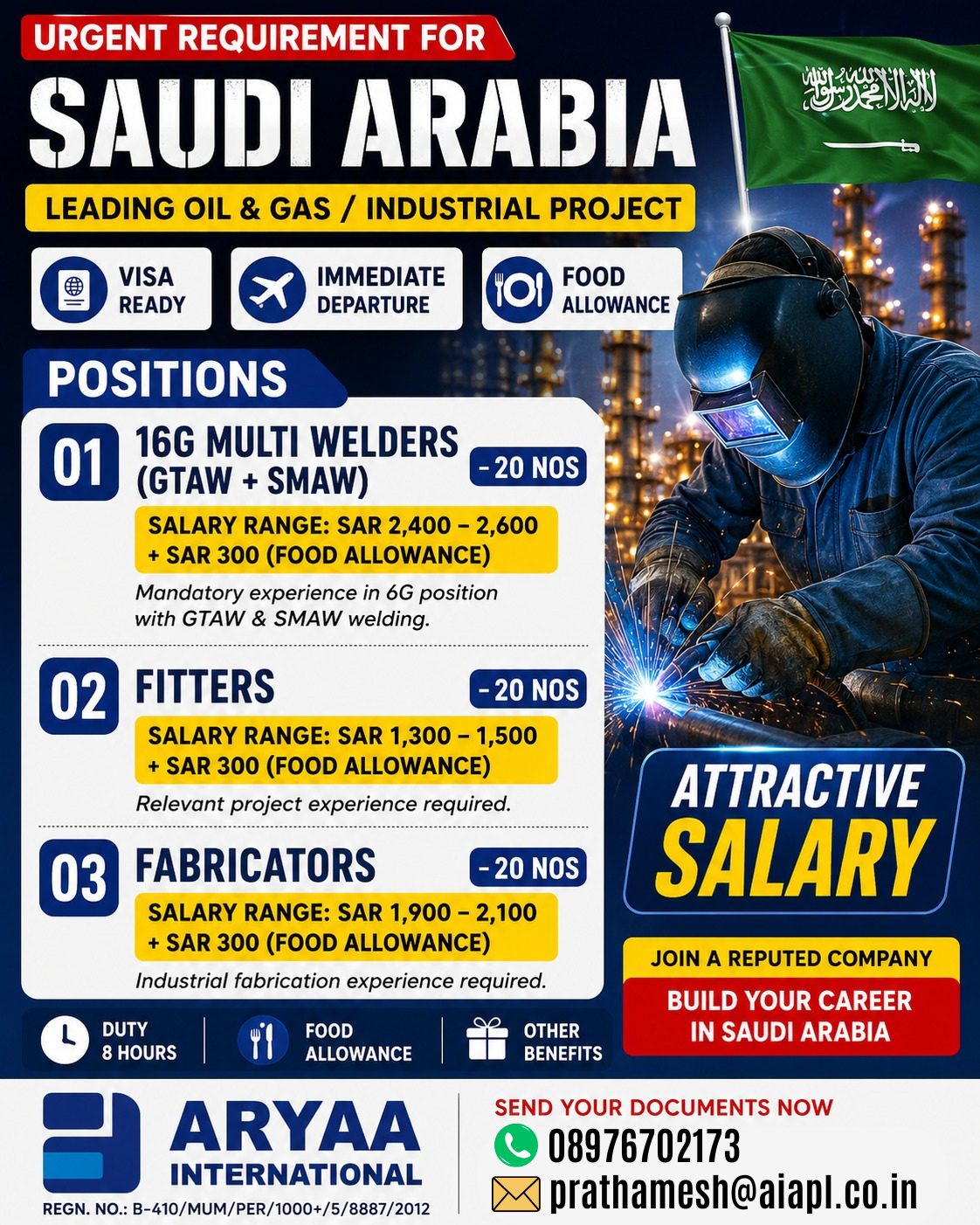 Urgent Requirement for Saudi Arabia - Leading Oil & Gas / Industrial Project — Aryaa International, Saudi Arabia, Saudi Arabia