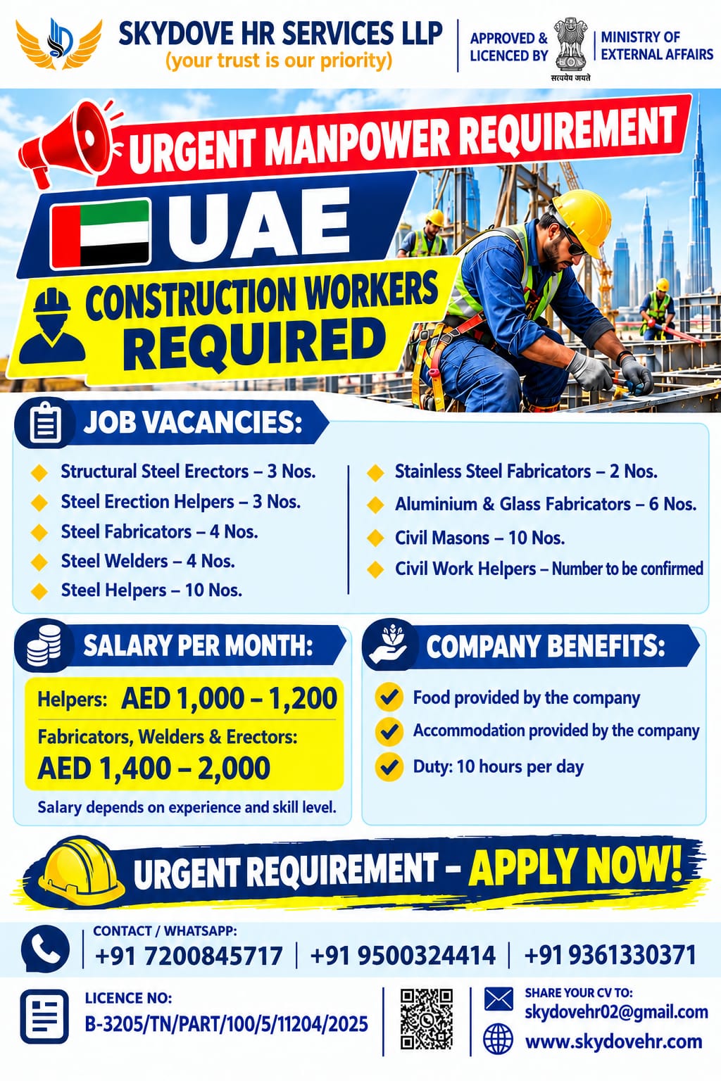 Construction Workers Required — SKY DOVE HR SERVICES LLP, UAE, UAE