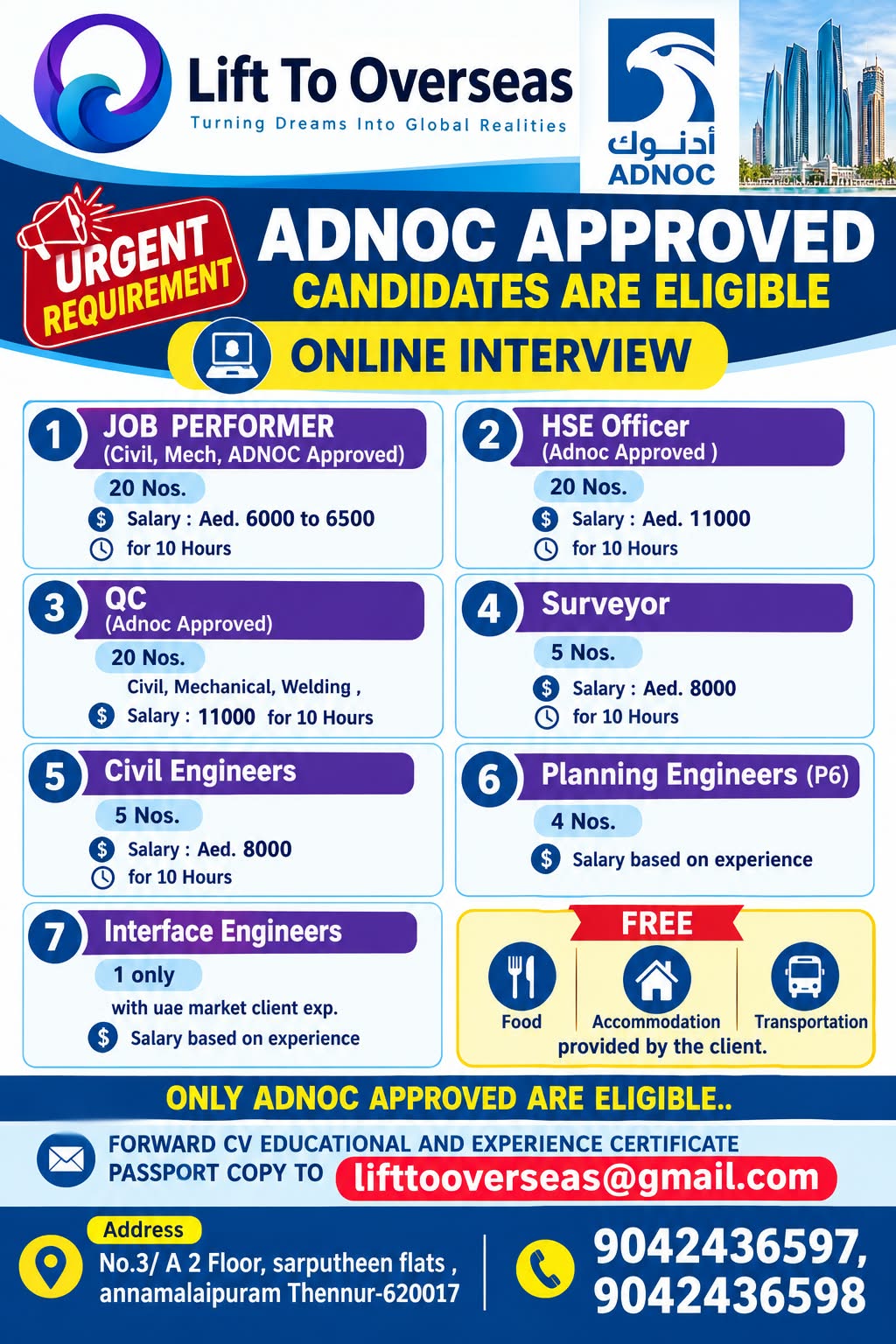 job performer,hse,qc,surveyor,civil eng,planing eng,interface engineers. — Lift To Overseas, ABUDHABI