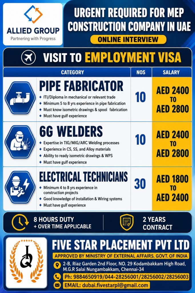 URGENT REQUIRD FOR MEP CONSTRUCTION COMPANY IN UAE