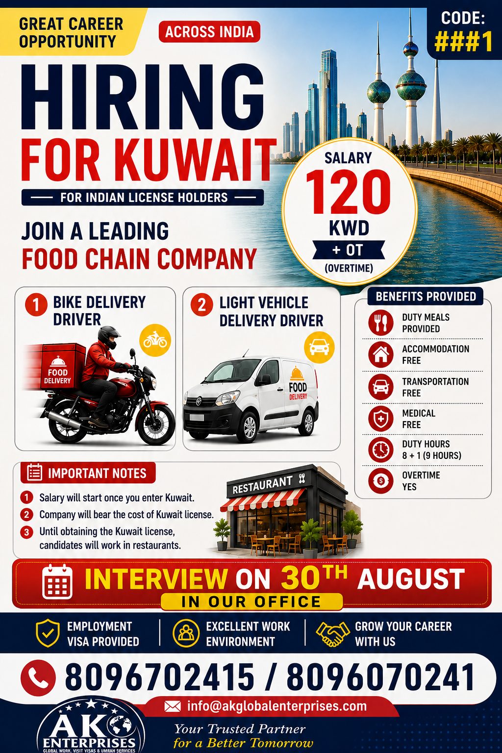 Urgently Requirement for Kuwait- BIke Delivery Driver- Light Deliver Driver