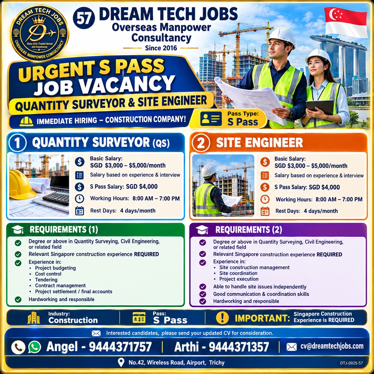Quantity Surveyor & Site Engineer - S Pass — DREAM TECH JOBS -TRICHY, Singapore, Singapore