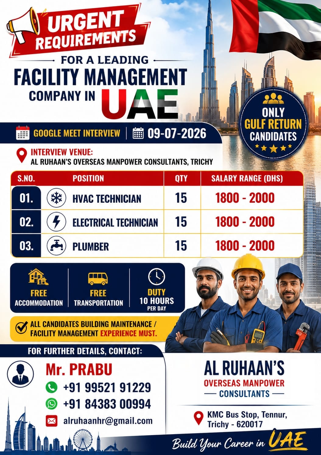 Facility Management Positions - UAE — AL RUHAAN OVERSEAS MANPOWER CONSULTANTS, UAE