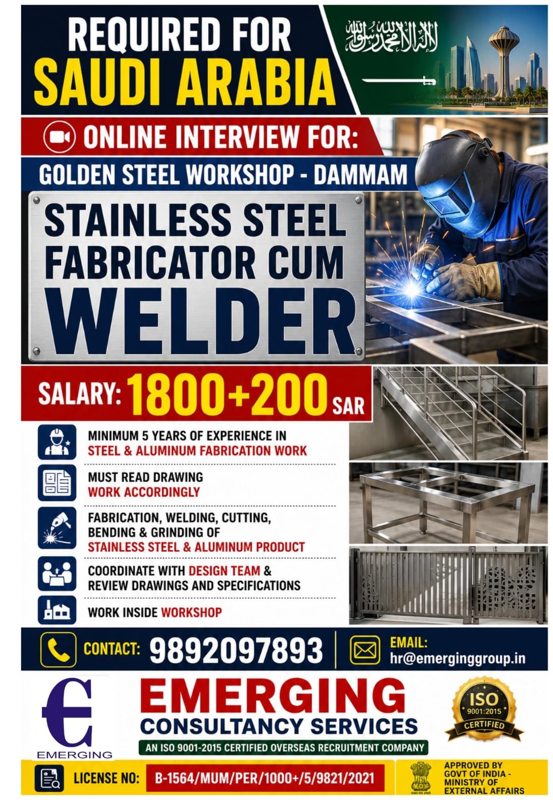 URGENTLY REQUIRED FOR SAUDI ARABIA GOLDEN STEEL COMPANY — Emerging Consultancy Services, SAUDI ARABIA, SAUDI ARABIA