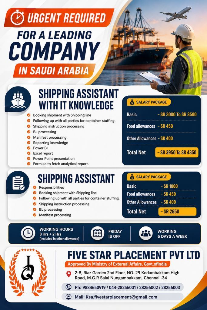 URGENT REQUIREMENTS FOR KSA — Five Star Placement Pvt Ltd, SAUDI ARABIA, SAUDI ARABIA