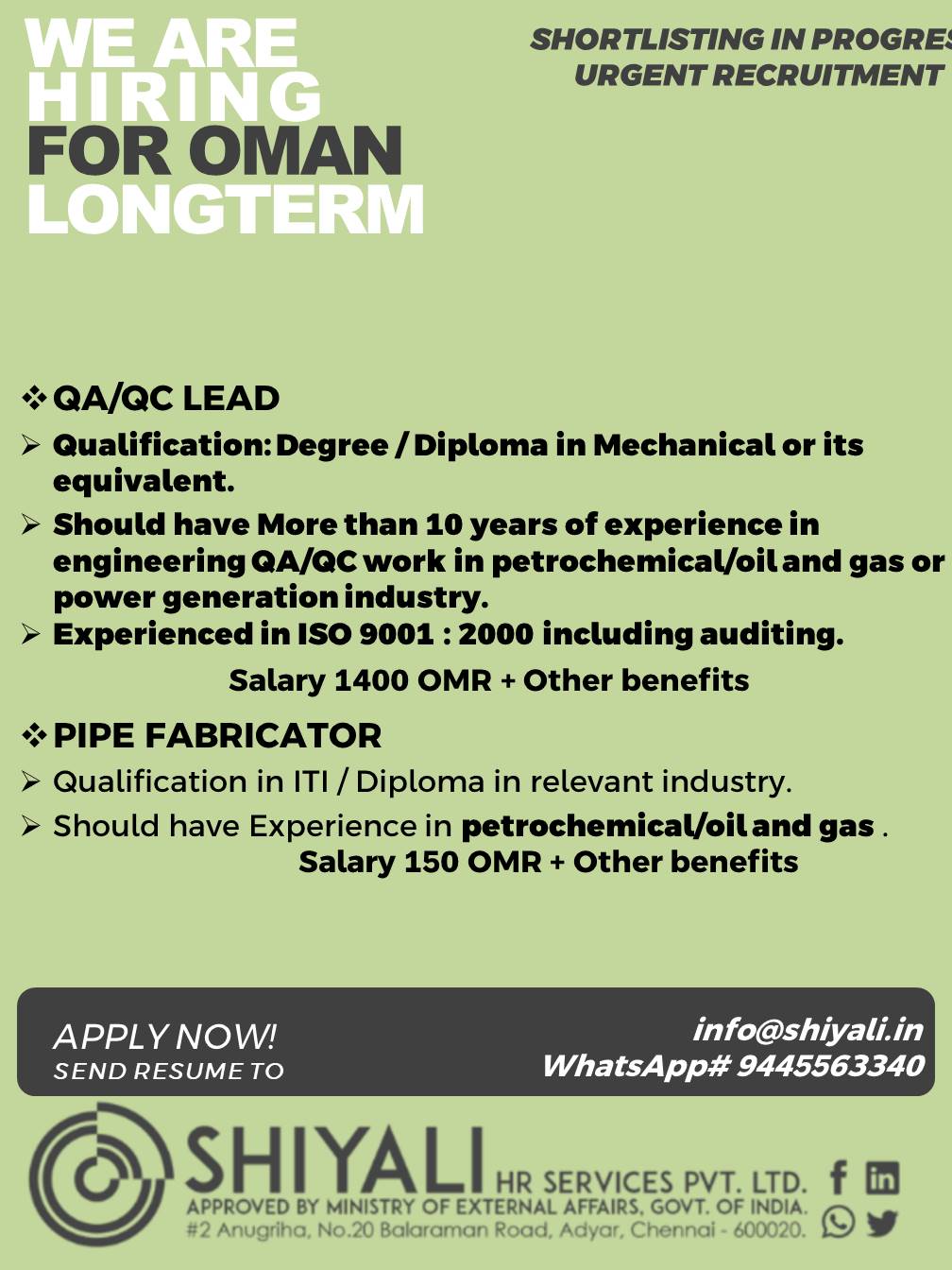 Oman Long Term Recruitment — SHIYALI HR SERVICES, Oman, Oman