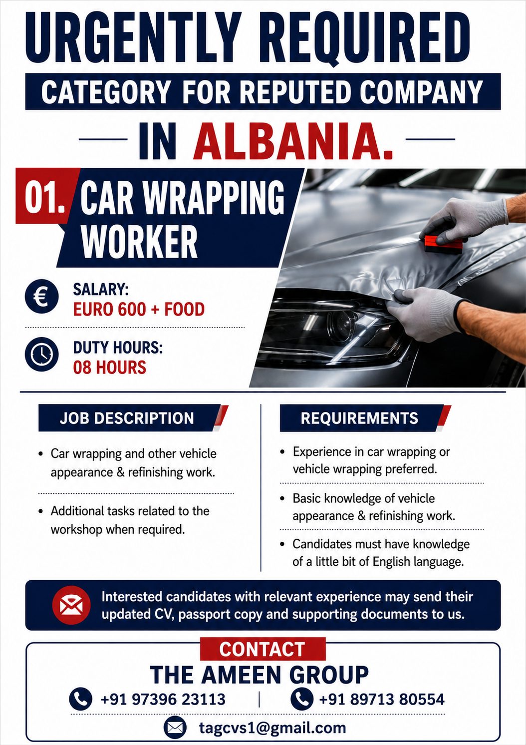 Urgently Required – Car Wrapping Workers – Albania — The Ameen Group, Albania