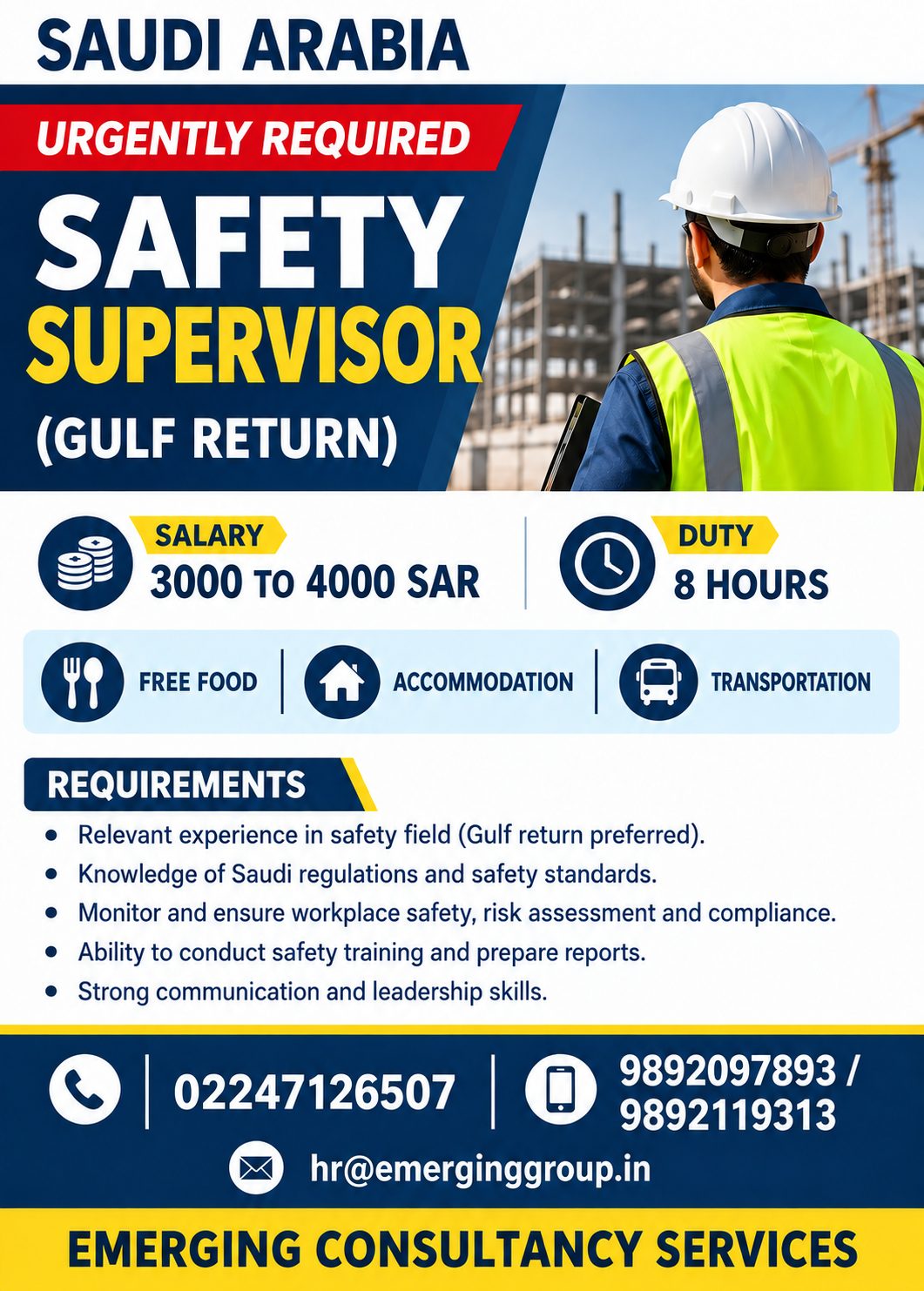 URGENT HIRING: SAFETY SUPERVISOR (GULF RETURN) - SAUDI ARABIA