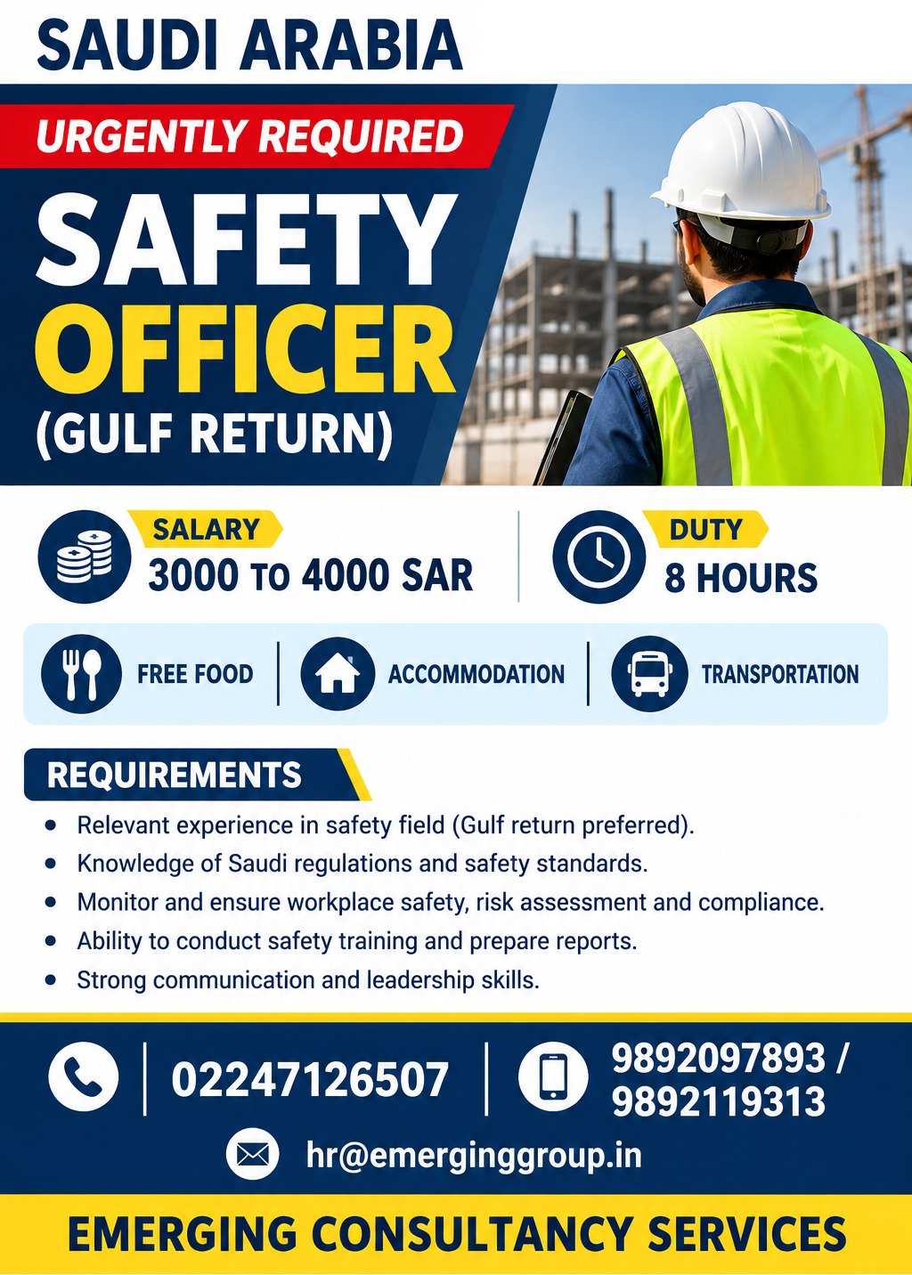 Urgently Required for Saudi Arabia – Safety Officer (Gulf Return)