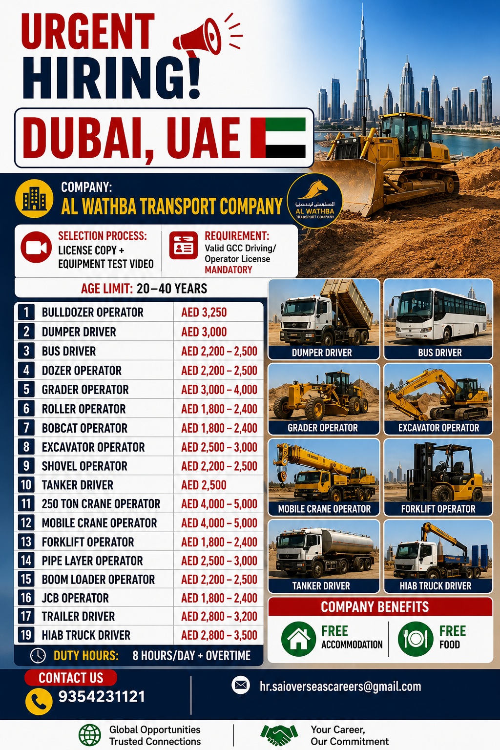 URGENT HIRING IN DUBAI TRANSPORT — Sai Overseas Careers, DUBAI, DUBAI