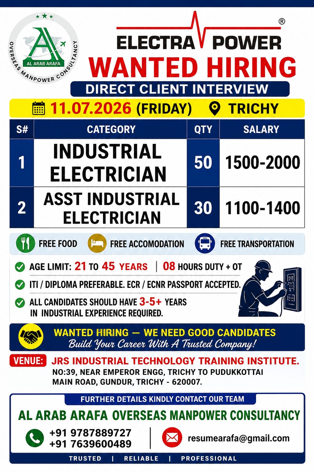 walkin direct client interview in trichy @11 /07/2026 trichy — Al Arab Arafa Consultancy Pvt LTD, UAE, UAE