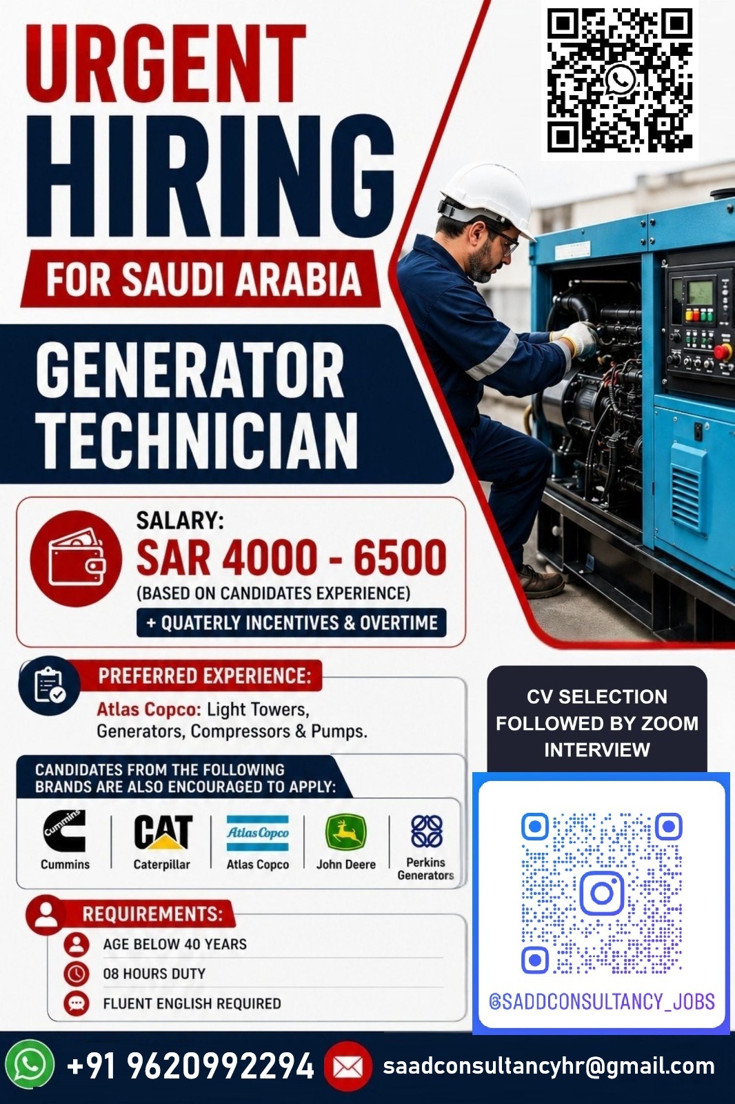 HIRING FOR GENERATOR TECHNICIANS — SAAD CONSULTANCY, SAUDI ARABIA