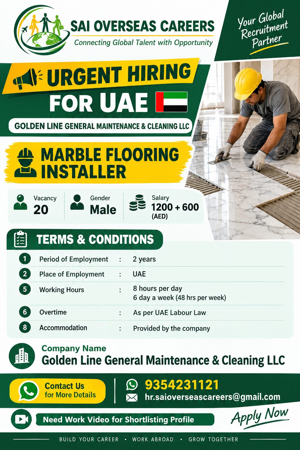 URGENT HIRING FOR UAE – MARBLE FLOORING INSTALLER