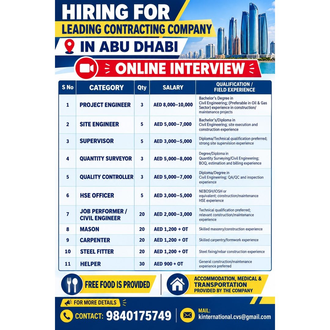 Hiring for Leading Contracting Company in Abu Dhabi - 11 Categories
