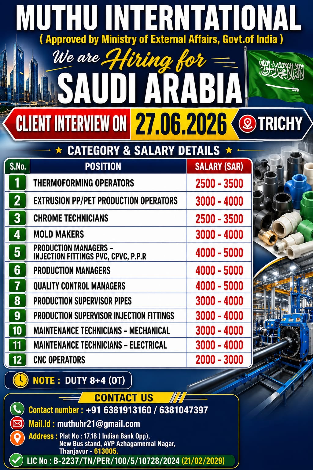 Thermoforming operators, quality control Manager