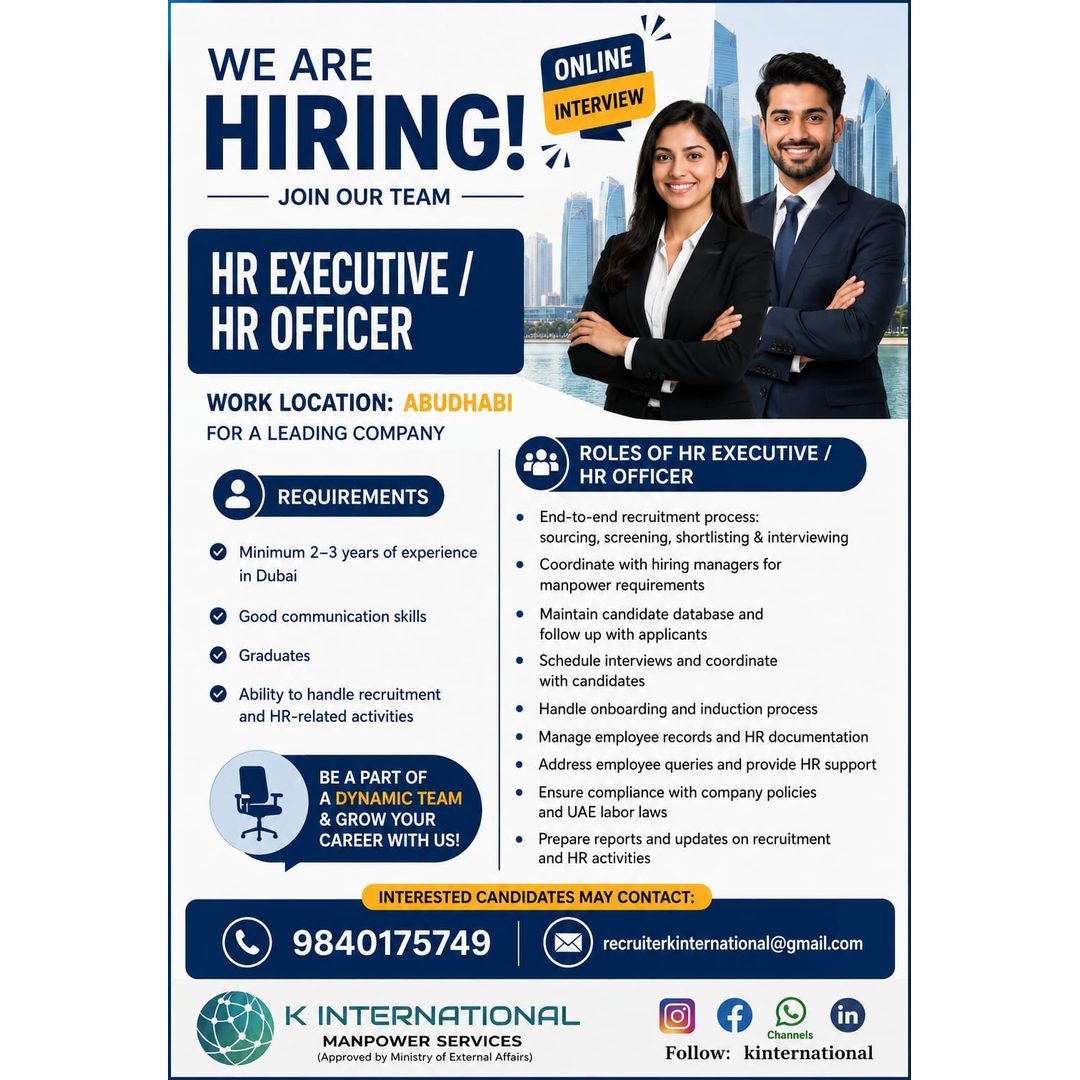 HR Executive / HR Officer — K International, UAE