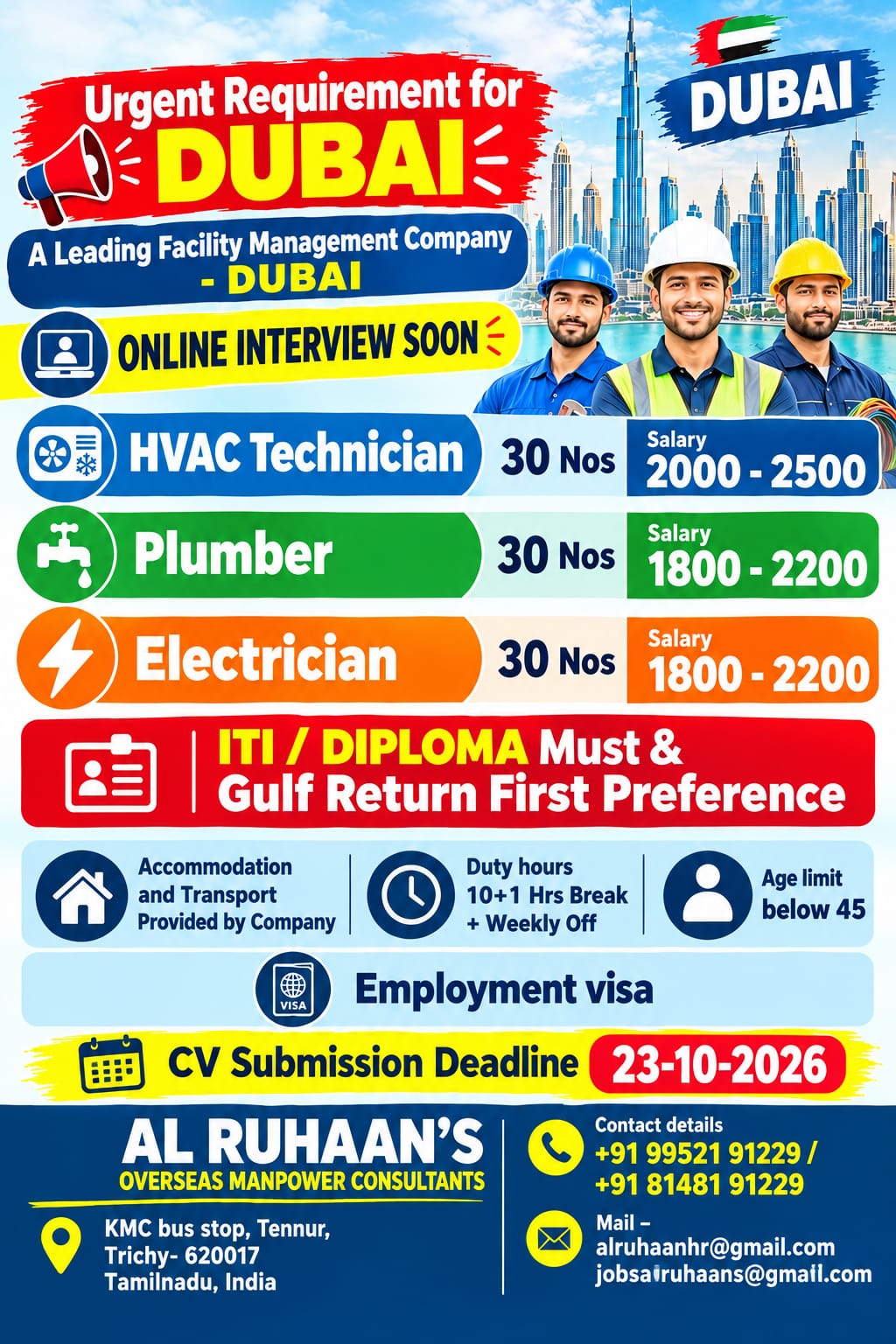 Urgent Requirement for Dubai - Facility Management Company — AL RUHAAN OVERSEAS MANPOWER CONSULTANTS, United Arab Emirates