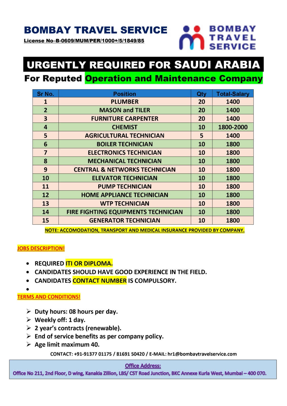 We are urgently hiring for ksa reputed co. — BOMBAY TRAVEL SERVICE, Saudi arabia