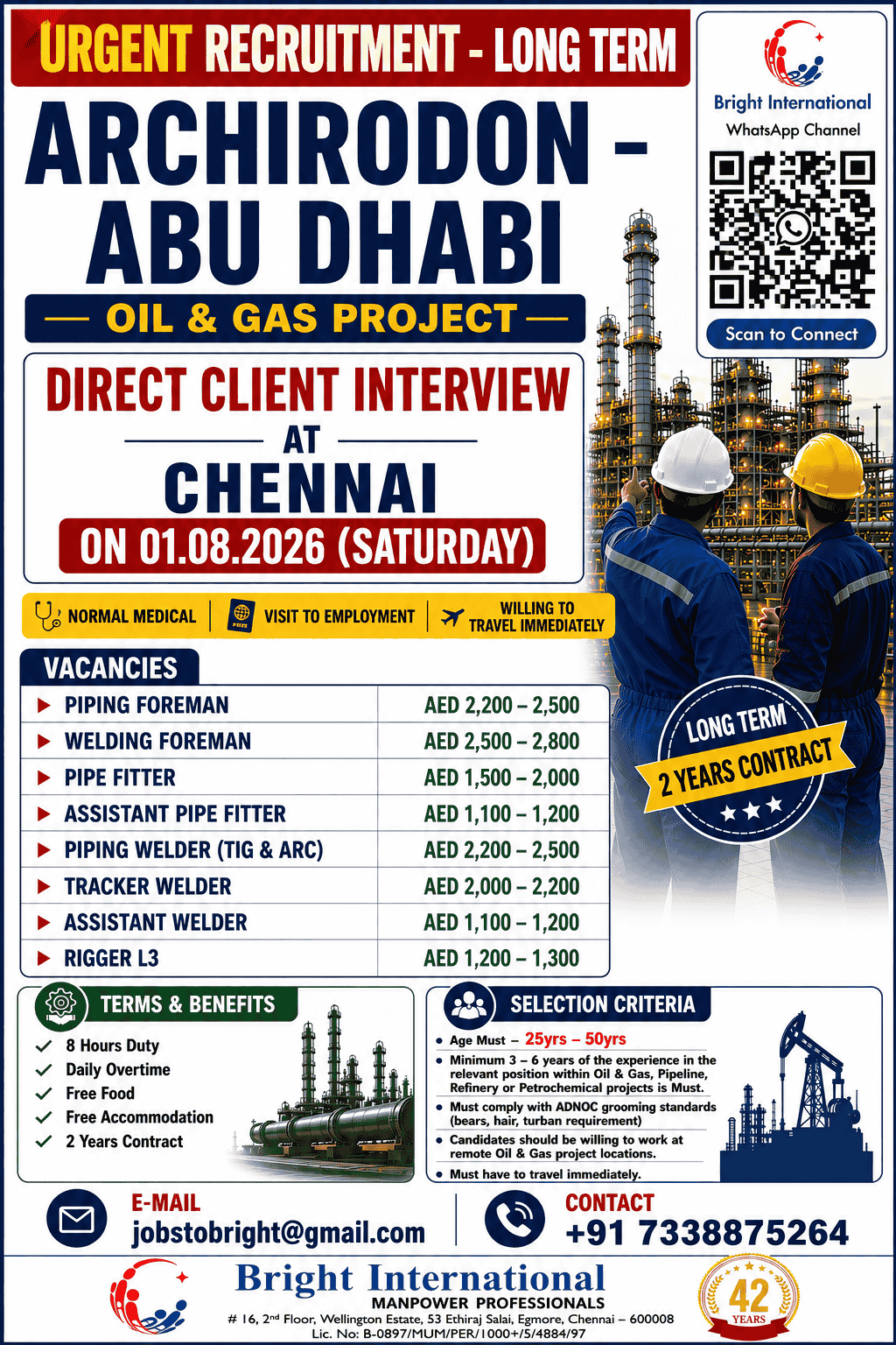 FREE RECRUITMENT - LONG TERM — Bright International, Chennai, ABU DHABI