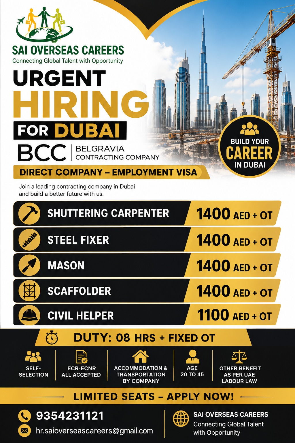🚨 Urgent Hiring for Dubai – Direct Company Employment Visa — Sai Overseas Careers, UAE, UAE