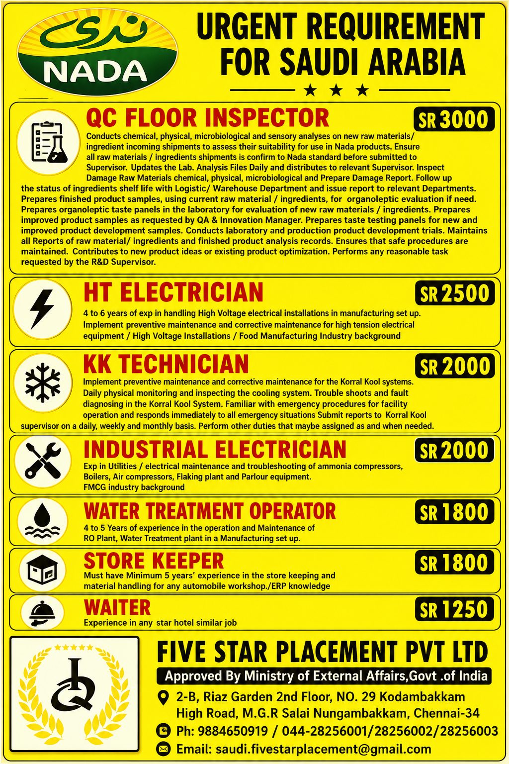 URGENT REQUIREMENT FOR SAUDI ARABIA - AL NADA - ONLINE INTERVIEW — Five Star Placement Pvt Ltd, SAUDI ARABIA