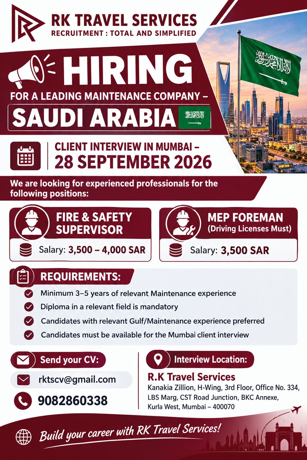 HIRING FOR A LEADING MAINTENANCE COMPANY -SAUDI ARABIA