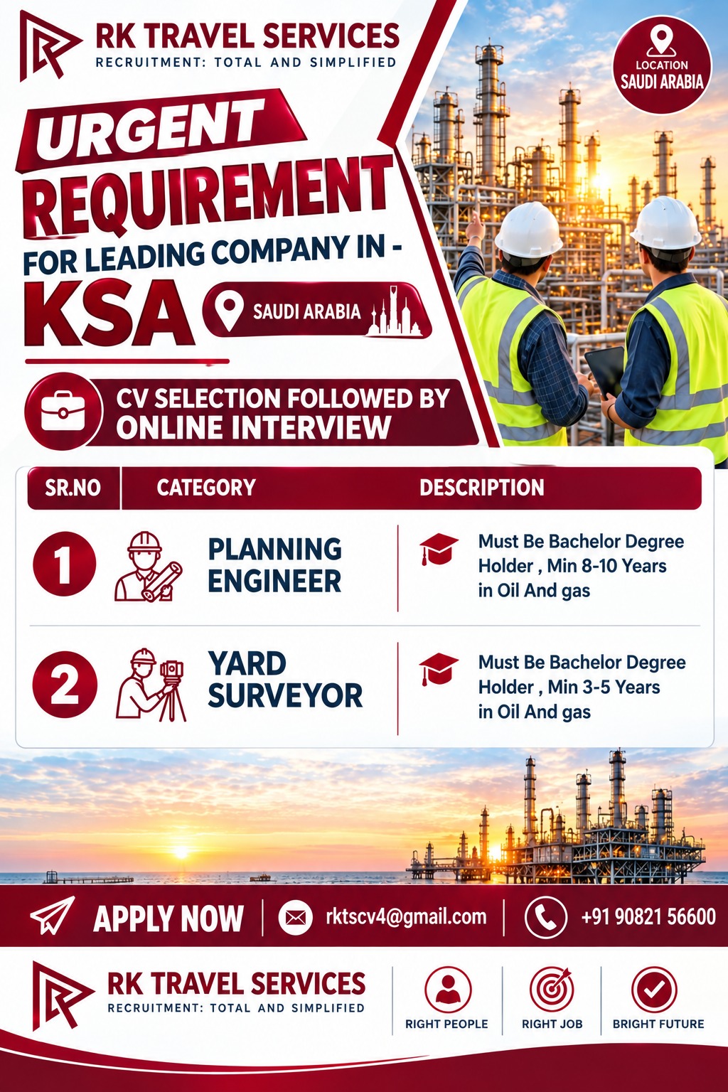Urgent Requirement for Leading Company in KSA — RK Travel Services, Saudi Arabia