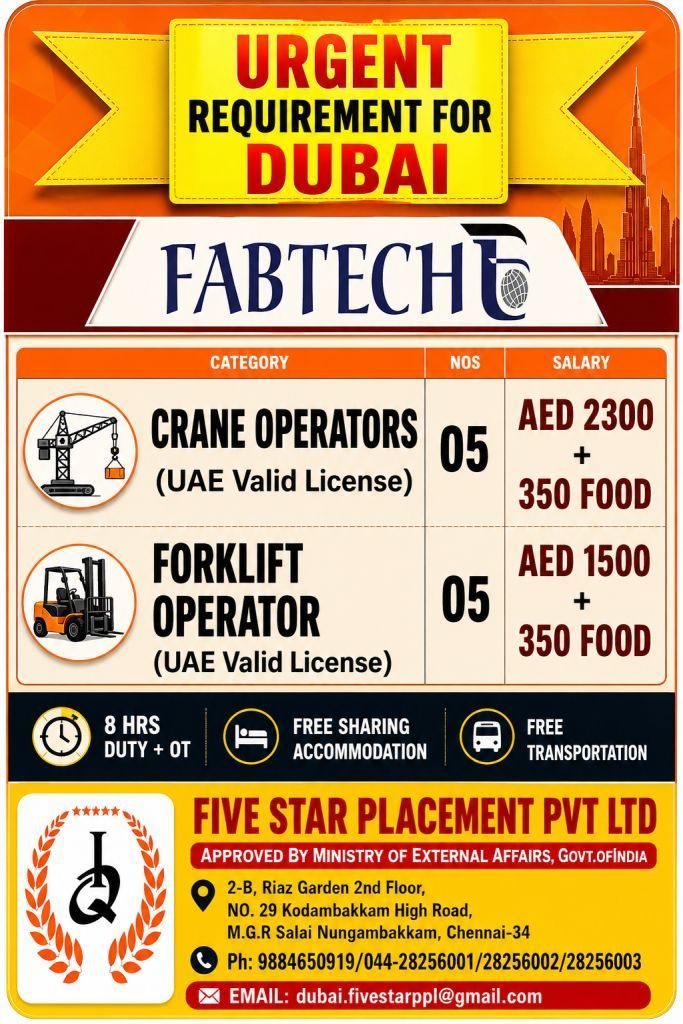 URGENT REQUIRMENT FOR DUBAI  - crane operator, FORKLIFT OPERATOR — Five Star Placement Pvt Ltd, DUBAI, DUBAI