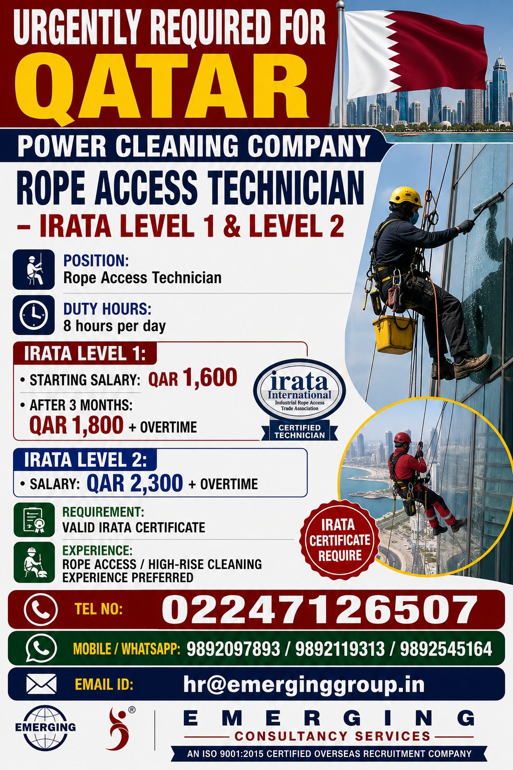 Urgent Hiring for Qatar – Rope Access Technician (IRATA Level 1 & 2), Power Cleaning Company
