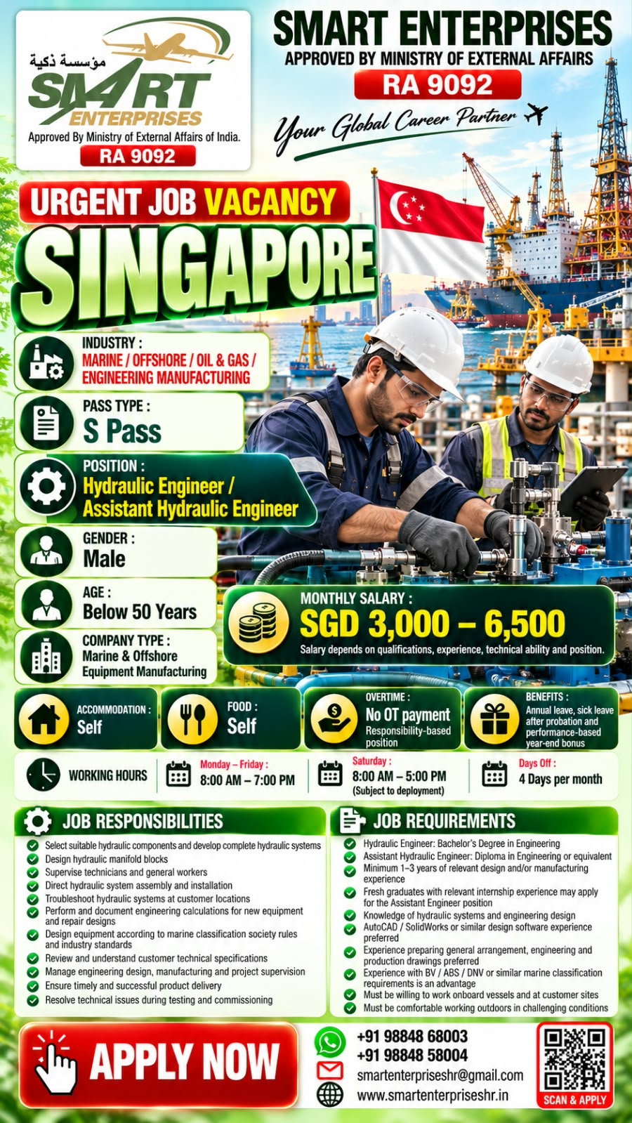 HYDRAULIC ENGINEER AND ASSISTANT HYDRAULIC ENGINEER — smartenterpriseshr@gmail.com, SINGAPORE