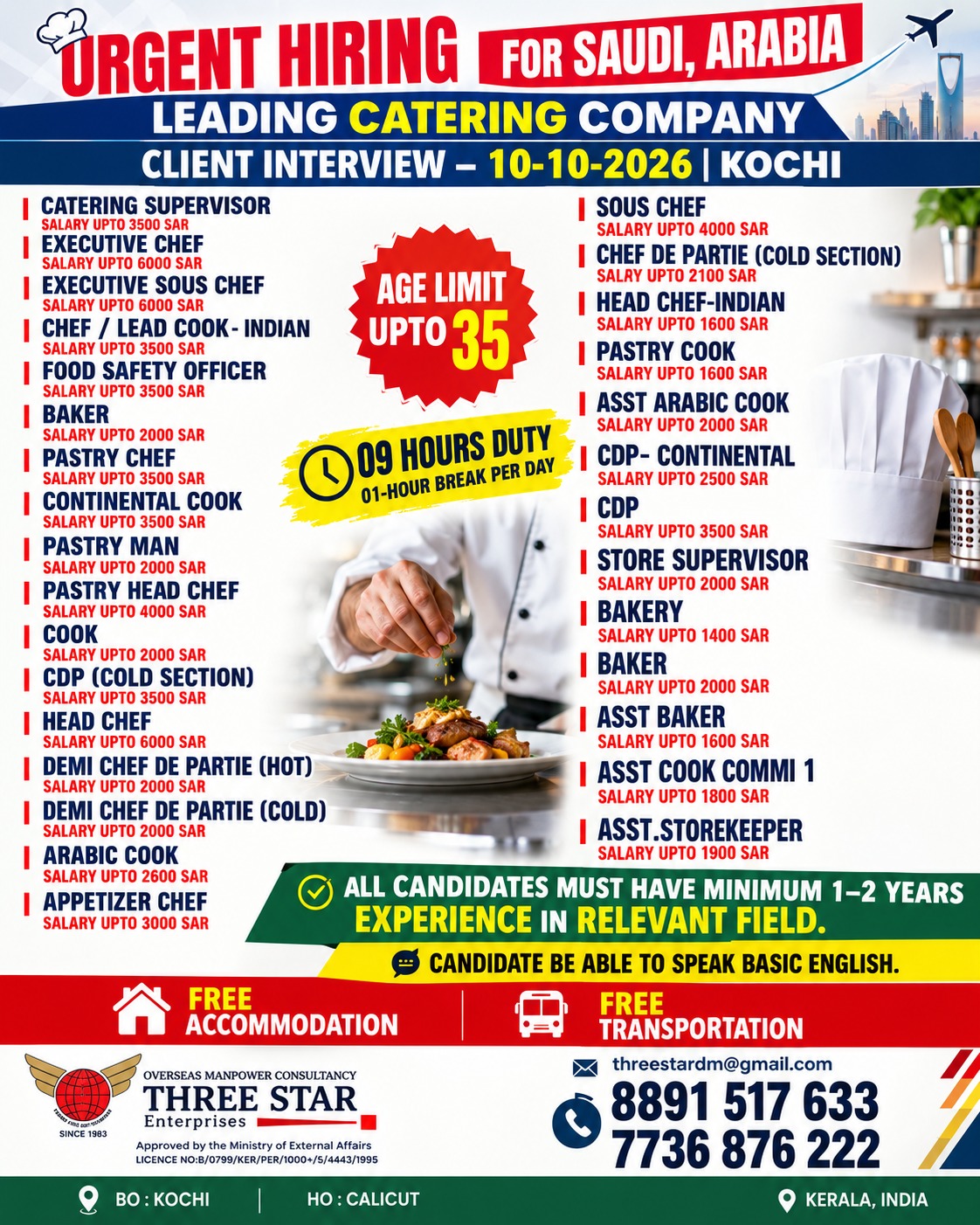 Urgent Hiring for Saudi Arabia - Leading Catering Company — THREE STAR ENTERPRISES, Saudi Arabia