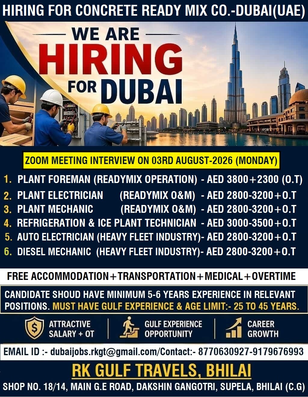 HIRING FOR A LEADING READY MIX COMPANY – DUBAI (UAE). — RK GULF TRAVELS,BHILAI, DUBAI, DUBAI