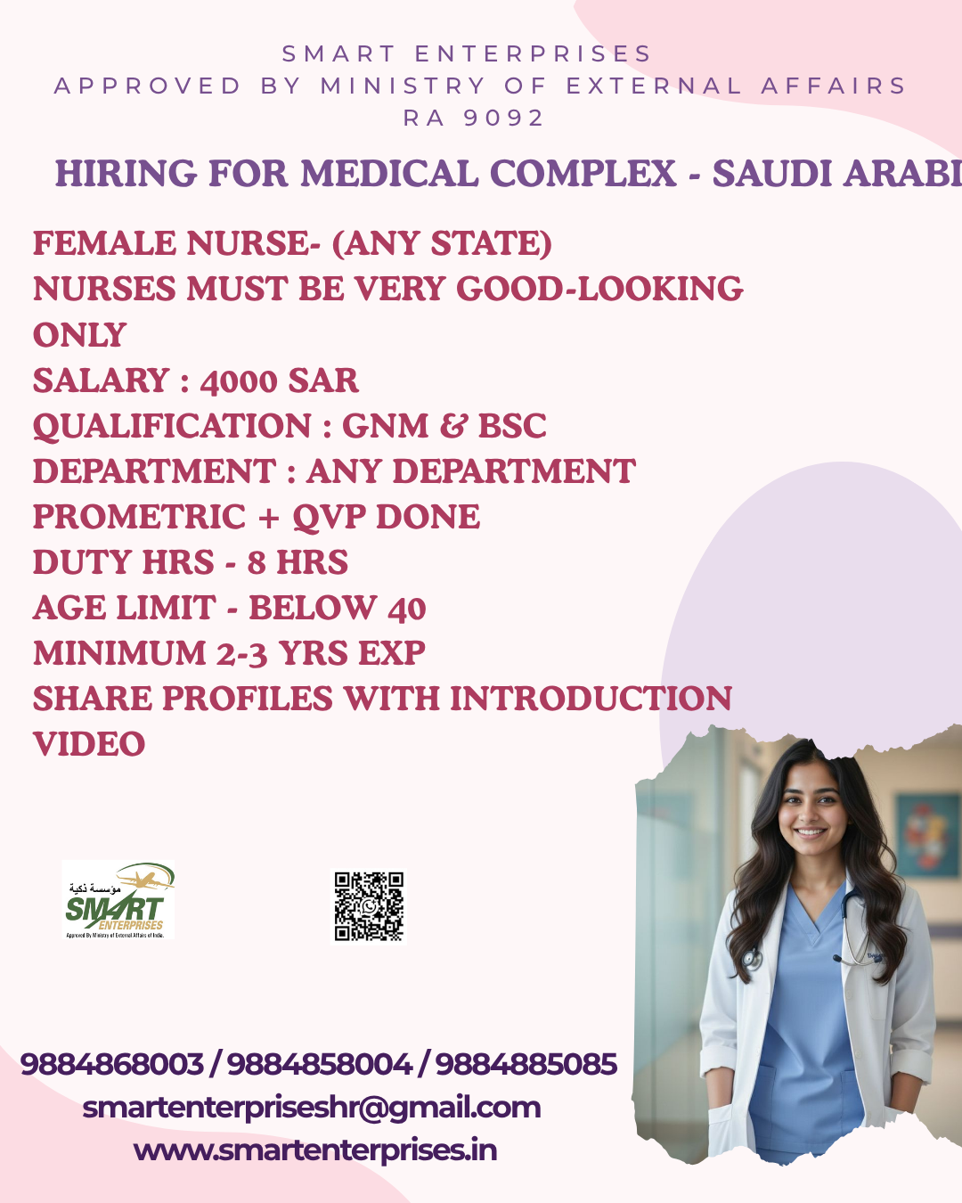 FEMALE NURSe- (Any State)   ​Nurses must be very good-looking ONLY — smartenterpriseshr@gmail.com, SAUDI ARABIA, SAUDI ARABIA