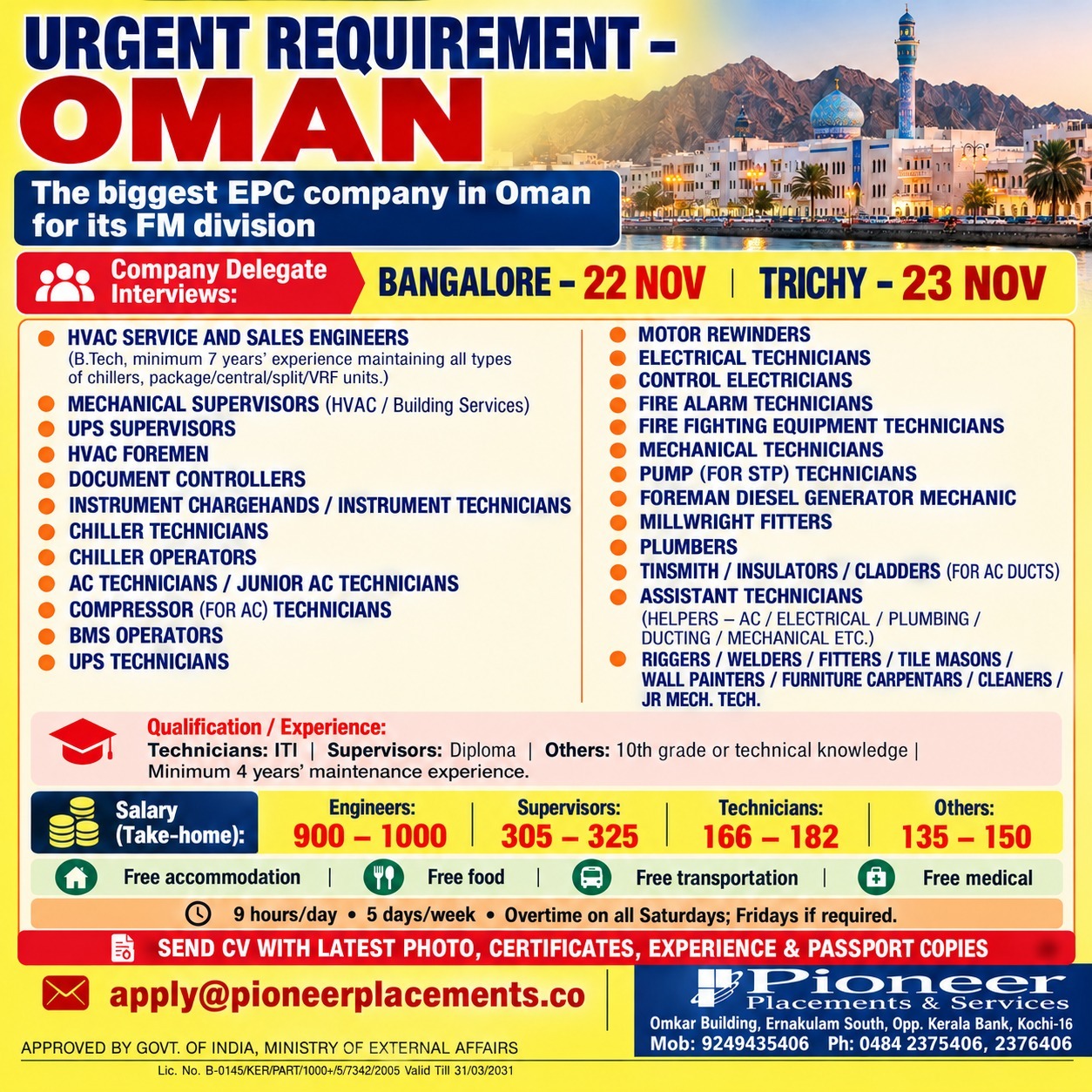 ENGINEER S SUPERVISORS AND TECHNICIANS - FACILITY MAINTENANCE — Pioneer Placements and Services ( Approved by Ministry of External Affairs ), OMAN, OMAN