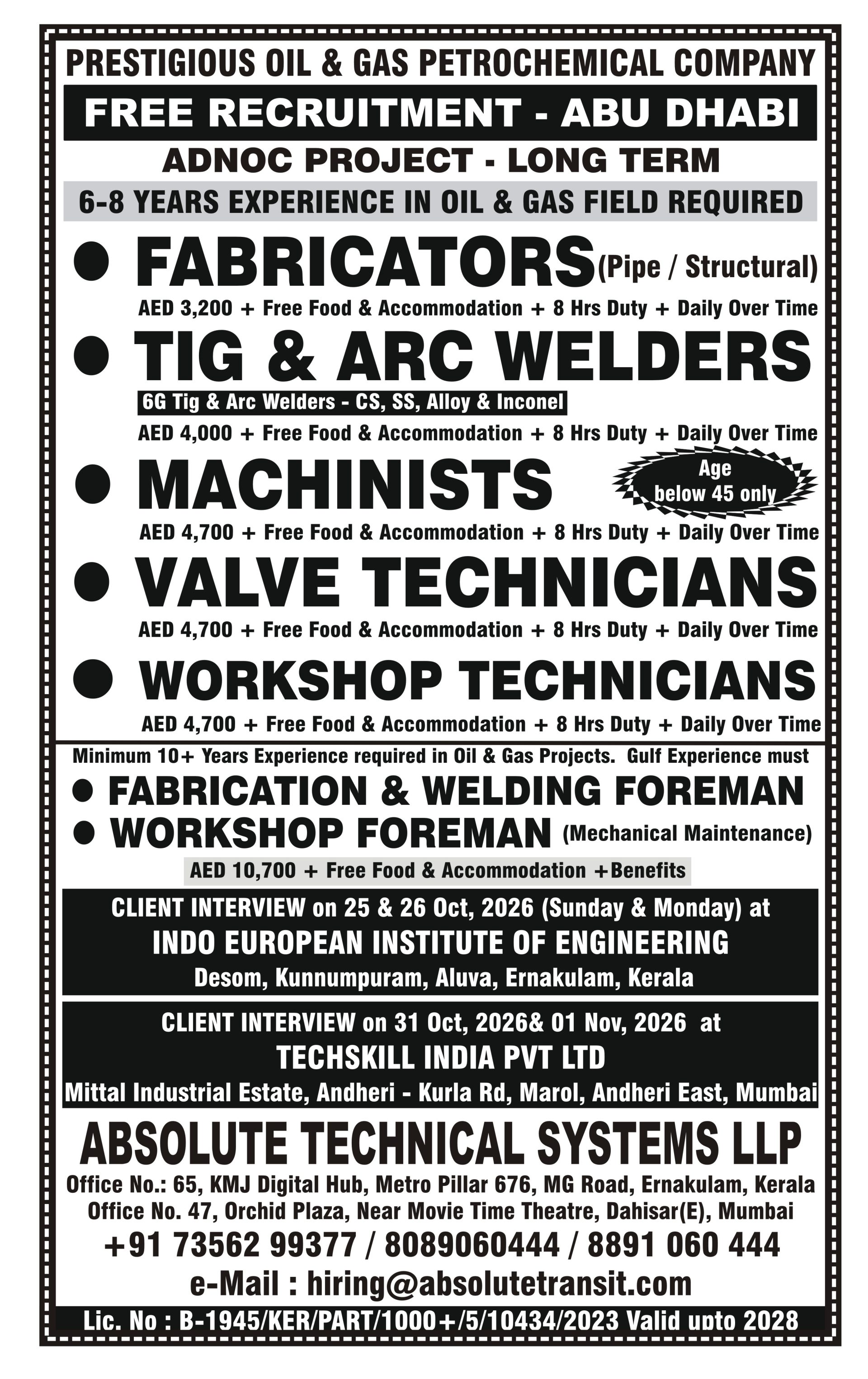 FREE RECRUITMENT - ADNOC PROJECT - ABU DHABI — Absolute Technical Systems LLP, UAE, UAE