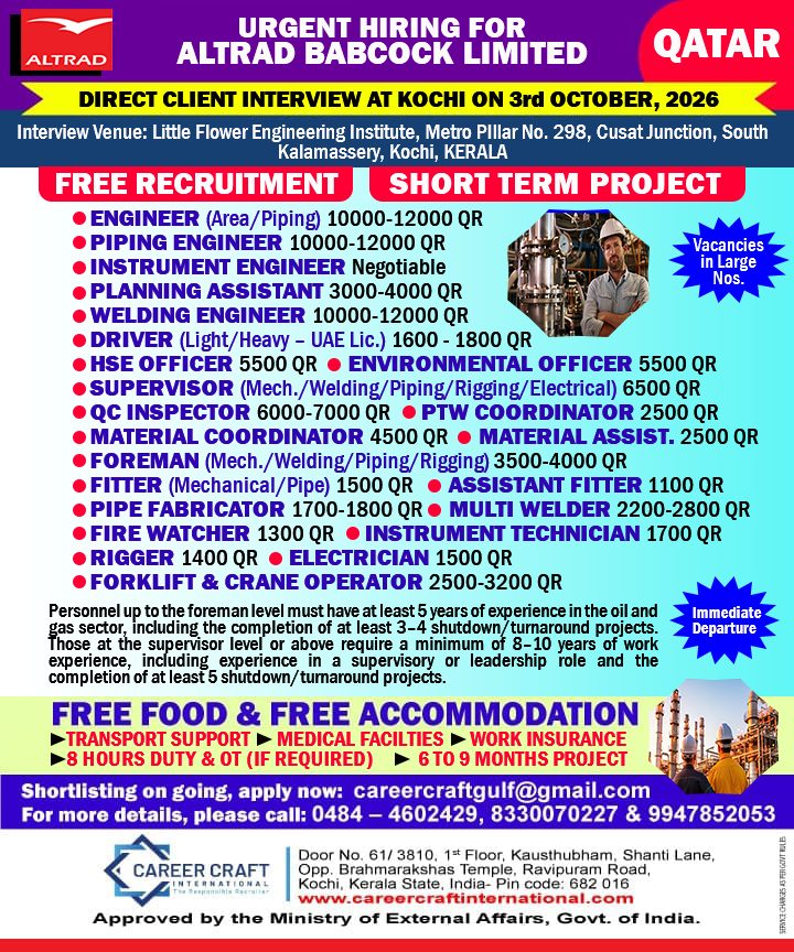 Client Interview at Kochi for Altrad Babcock on 3rd October, 2026 -
