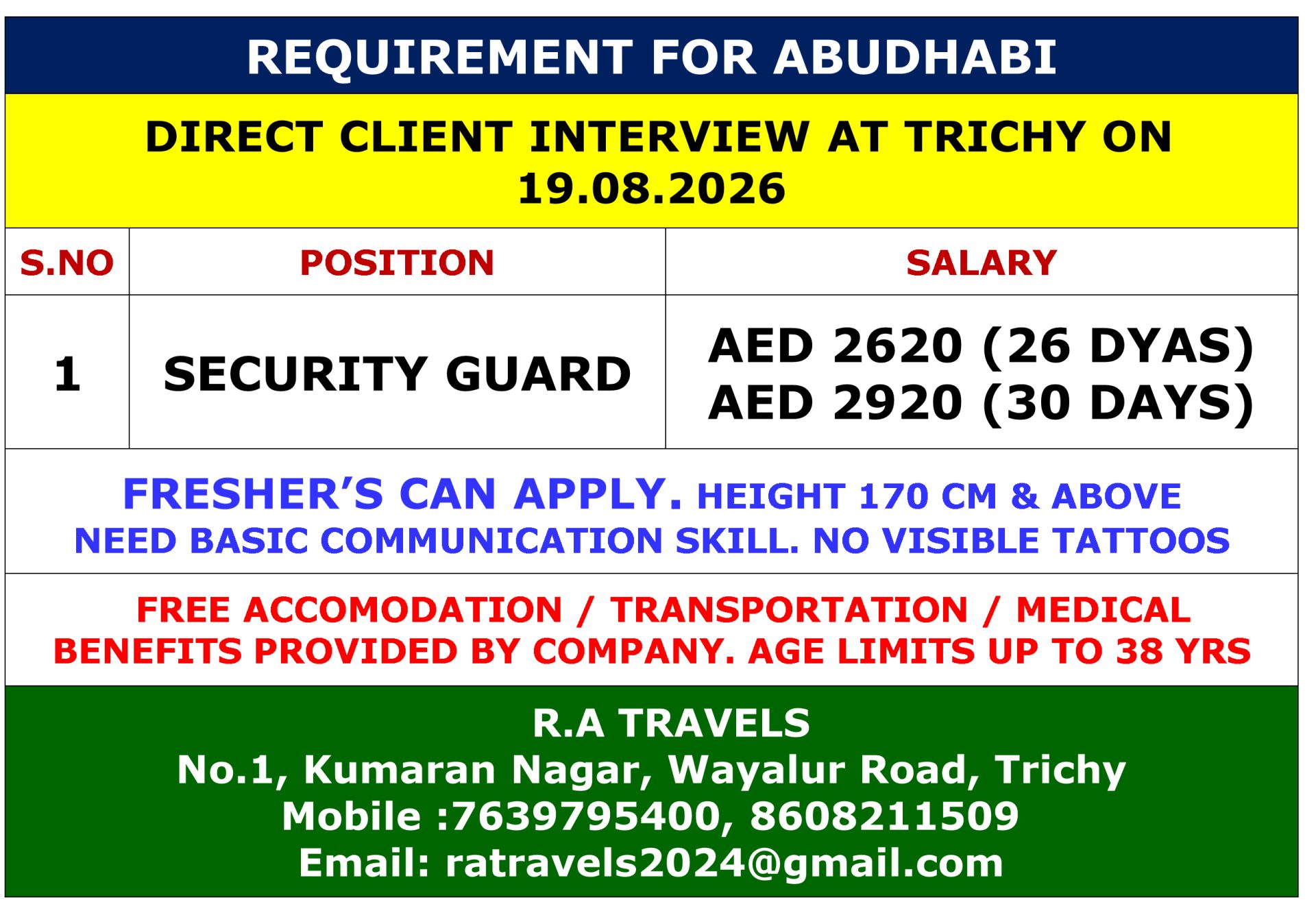 REQUIREMENT FOR ABUDHABI