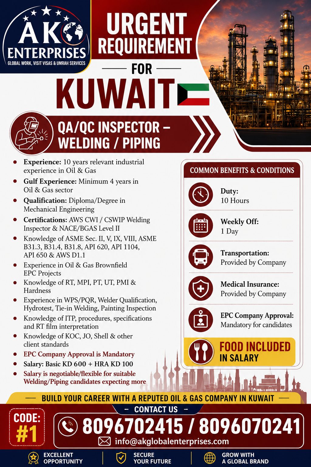 URGENT REQUIREMENT FOR KUWAIT  QA/QC INSPECTOR – WELDING / PIPING