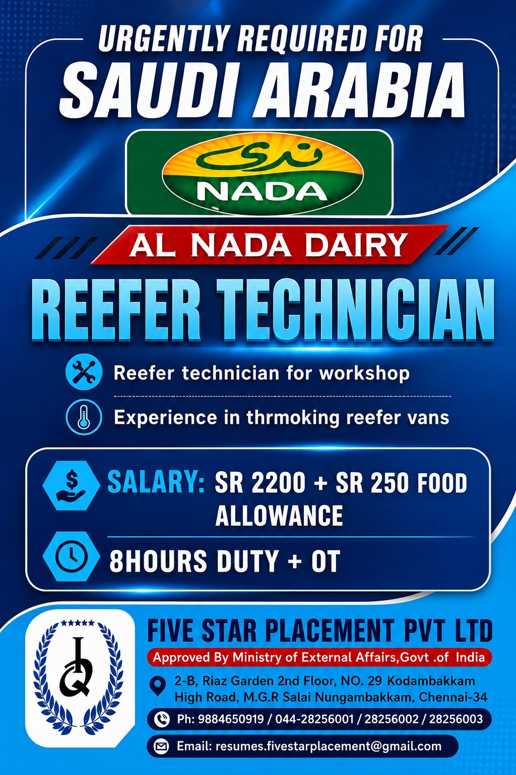 REEFER TECHNICIAN  FOR SAUDI ARABIA — Five Star Placement Pvt Ltd, SAUDI ARABIA, SAUDI ARABIA