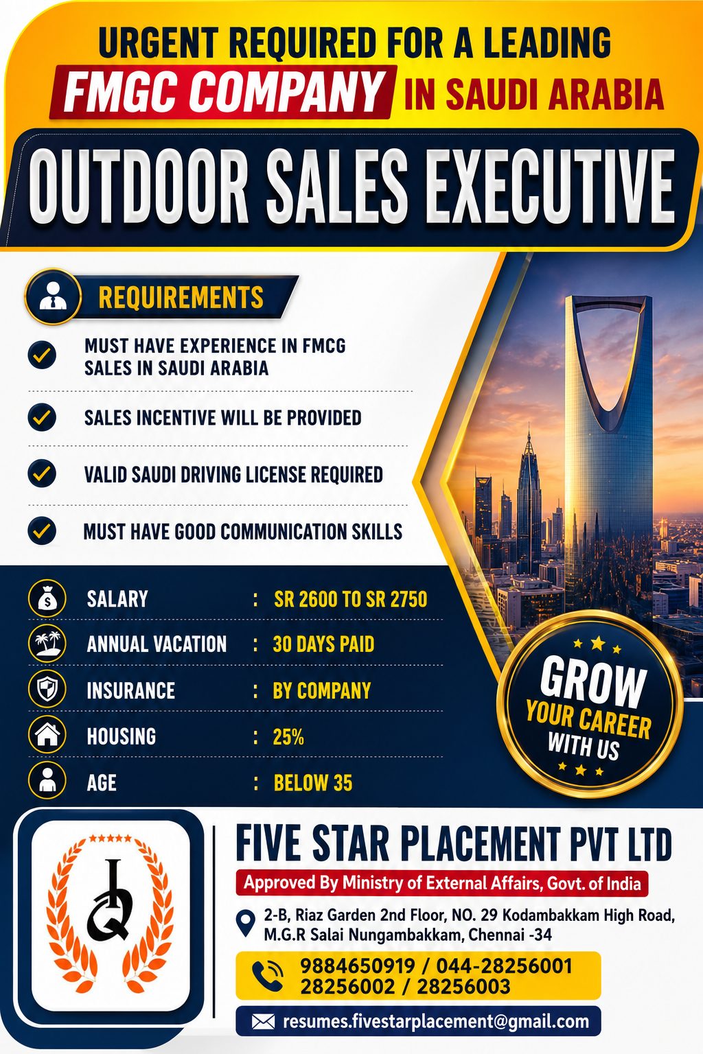 URGENT REQUIRED FOR A LEADING  FMGC COMPANY IN SAUDI ARABIA — Five Star Placement Pvt Ltd, SAUDI ARABIA, SAUDI ARABIA