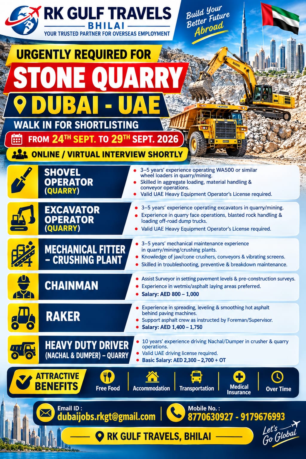 HIRING FOR A LEADING STONE QUARRY & CRUSHER PLANT – DUBAI (UAE).