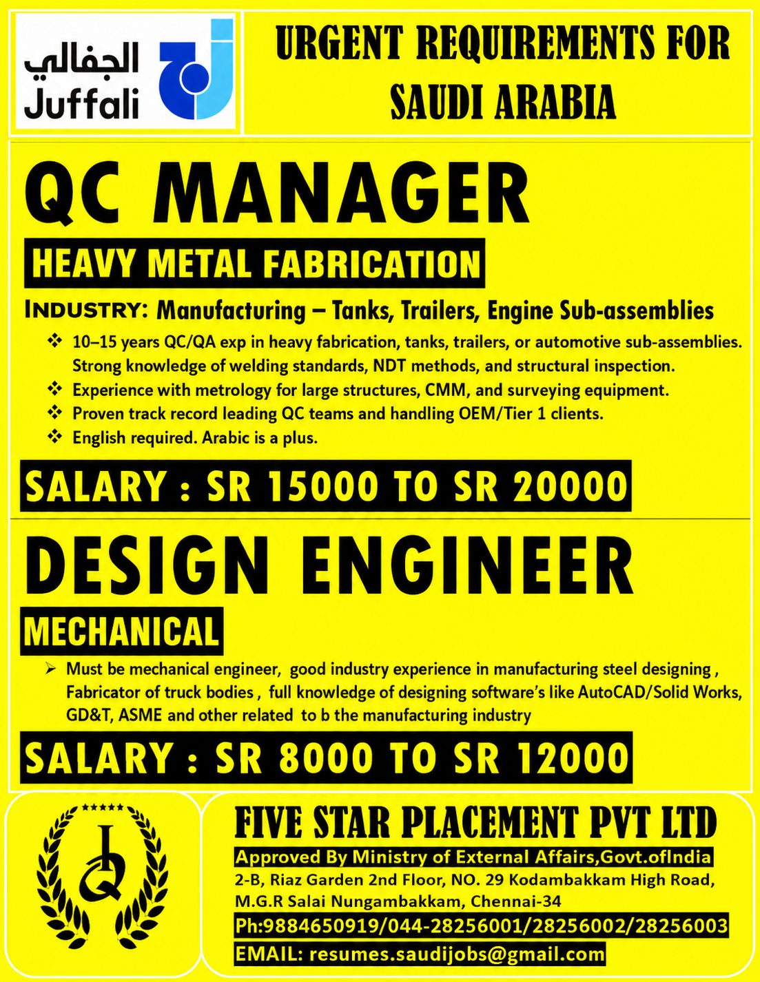 URGENT REQUIREMENTS FOR SAUDI ARABIA - ALJUFFALI — Five Star Placement Pvt Ltd, SAUDI ARABIA, SAUDI ARABIA