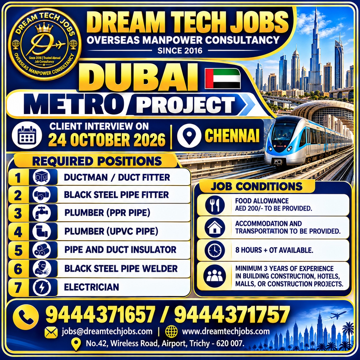 Dubai Metro Project — DREAM TECH JOBS -TRICHY, United Arab Emirates, United Arab Emirates