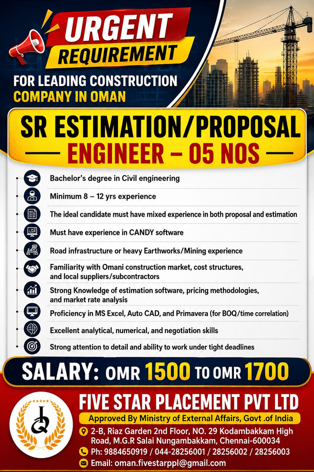 URGENT REQUIREMENT FOR LEADING CONSTRUCTION COMPANY IN OMAN
