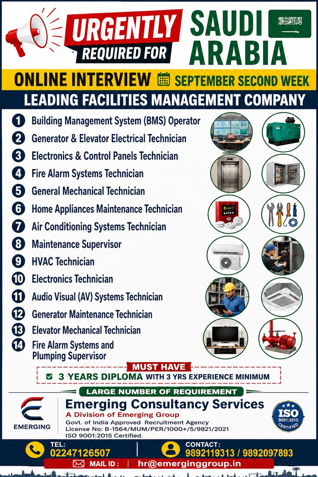 URGENTLY REQUIRED FOR SAUDI ARABIA – Leading Facilities Management Company — Emerging Consultancy Services, SAUDI ARABIA