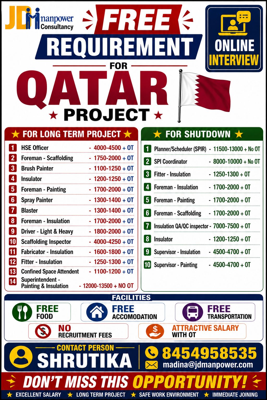 FREE REQUIREMENT FOR QATAR LONG TERM AND SHUTDOWN PROJECT